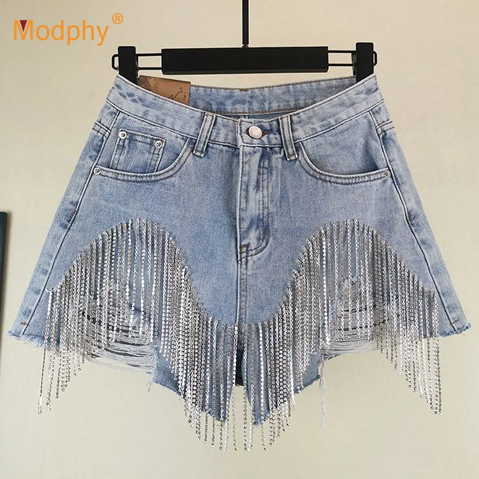 Women's Shorts Summer Fashion Denim Short Women High Street Style Sequins Loose Hole Tassel Female Fit Wild Clothing 230306