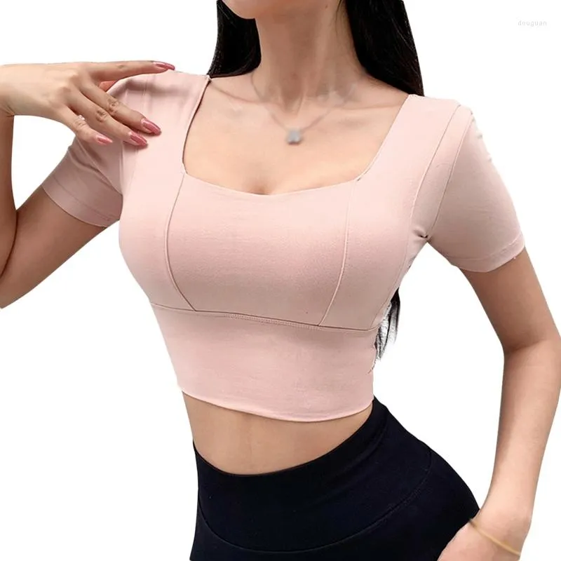 Women's T Shirts Workout Crop Tops For Women Slim Fit Sports Shirt Athletic Gym Top Tee Short Sleeve Square Neck With Built In Bra