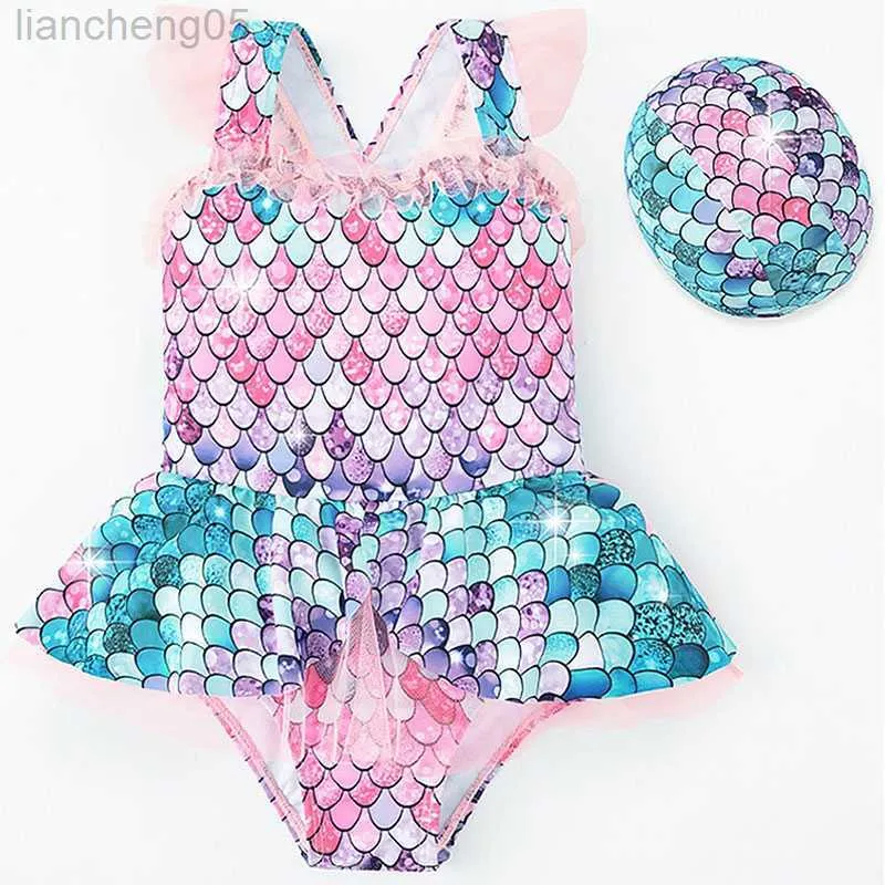 Endelar sjöjungfru Little Princess Swimsuit Baby Girls badkläder en bit flickor med hatt barn badkläder barn strandkläder baddräkt W0310