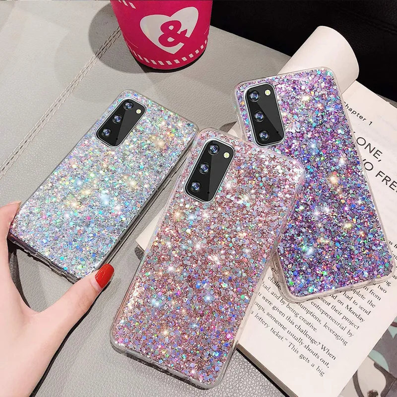 Lixury Bling Glitzer Epoxy Pailletten Hüllen Gummi Slim stoßfest für iPhone 14 13 12 11 Pro Max XR XS 8 Plus Samsung S20 FE S21 Ultra Note 20 A12 A32 4G 5G A42 A52 A72