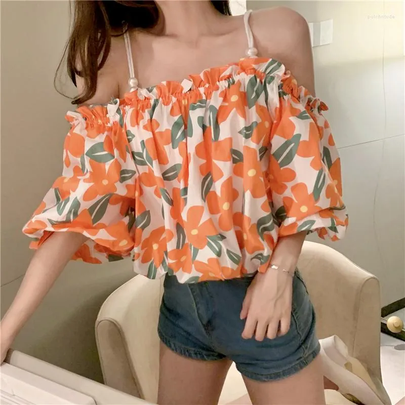 Frauenblusen Fashion Woman 2023 Sommer sexy Slash Hals von Schulter floraldruck Chiffon lässig Elegante Dame Shirt Top Femme