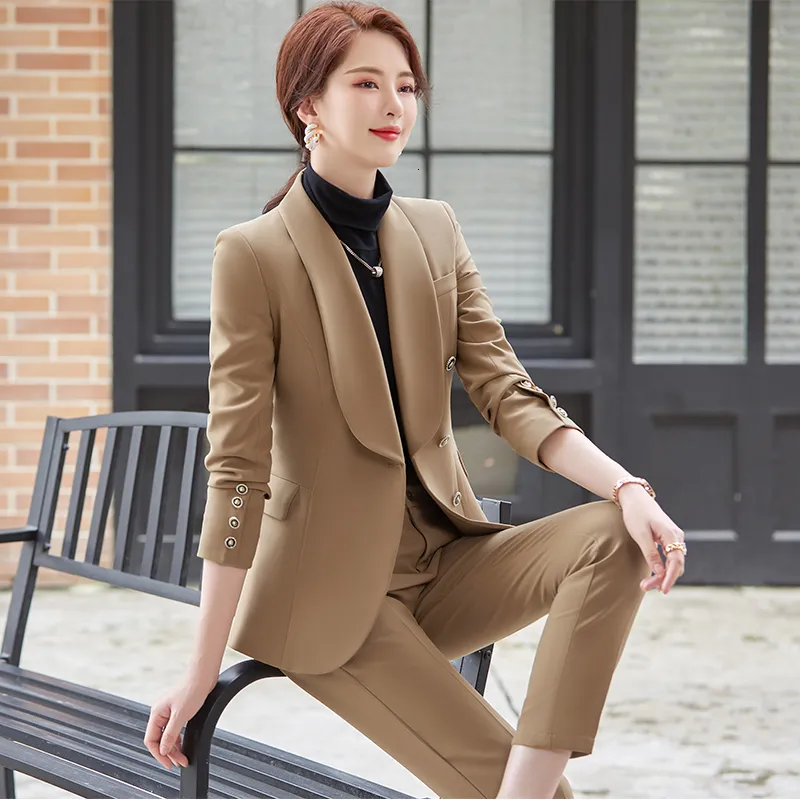 Damenanzüge Blazer Frauen Professionelle Business Arbeitskleidung Uniform Designs Hosenanzüge Formelle OL Herbst Winter Damen Büro Blazer Hosen Set 230306