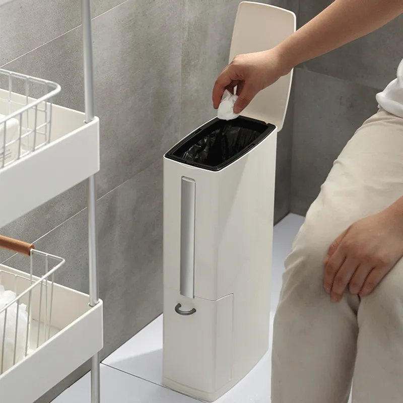 3-in-1 Narrow garbage trash can with Toilet Brush and Garbage Bag ...