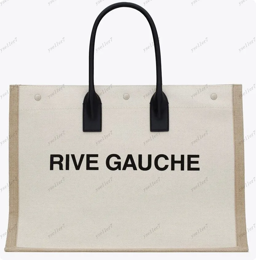 Rive Gauche Große Einkaufstasche, 48 cm, Damen-Handtaschen, Herren-Tragetaschen, Einkaufstasche, Webart, großes Fassungsvermögen, Tasche für Sommerreisen, Strandtaschen, Schultertaschen, Geldbörsen aus Segeltuch und Leder