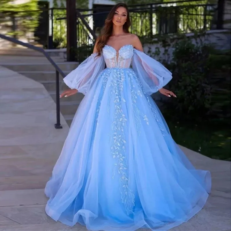 Sweet Blue Lace Prom Dresses 2023 Off The Shoulder Fuffy Long Sleeves Applique Illusion 형식 이브닝 가운 여성 Robe de Soiree