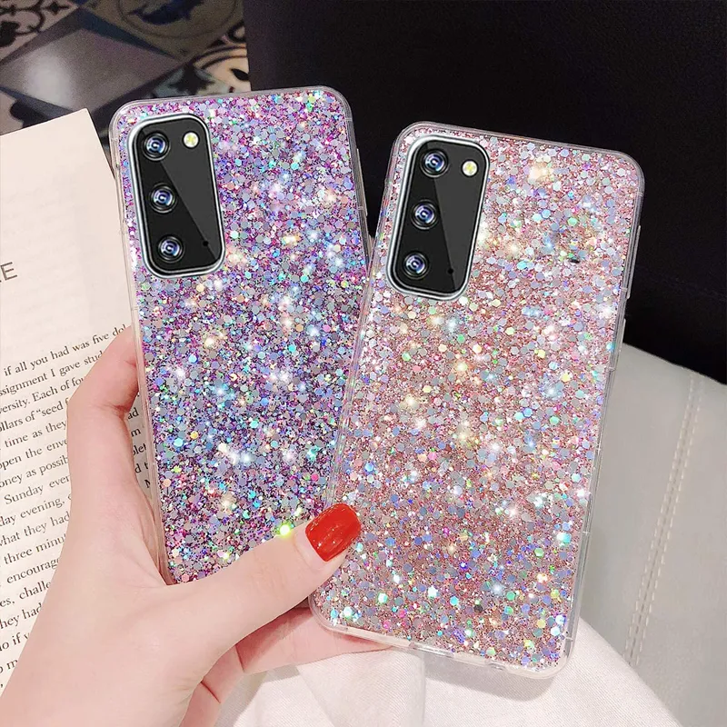 Lixury Bling Glitter Epoxy Sequins Cases Rubber Slim Shockproof For Samsung S23 S22 Ultra S21 Plus S20 FE A14 aA54 A13 A23 A33 A53 A73 A12 A22 A32 A42 A52 A72 A03S A10S A20S