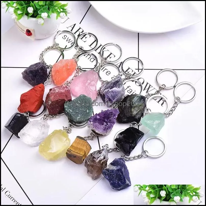 Keychains Lanyards Natural Form Rough Stone Quartz Keychain Ring for Women Men Handbag Hangle Car Key Holder Mineral Stones Keyrin DHVWP