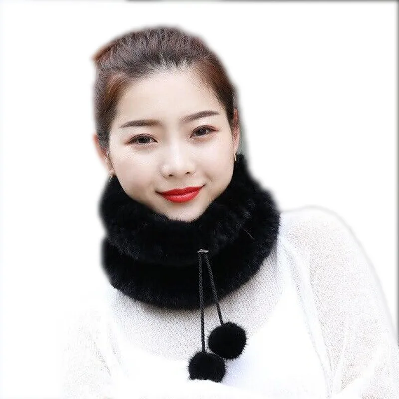 Women Real Mink Fur Hat Scarf Winter Warm Beanie Cap Headwear Black Brown