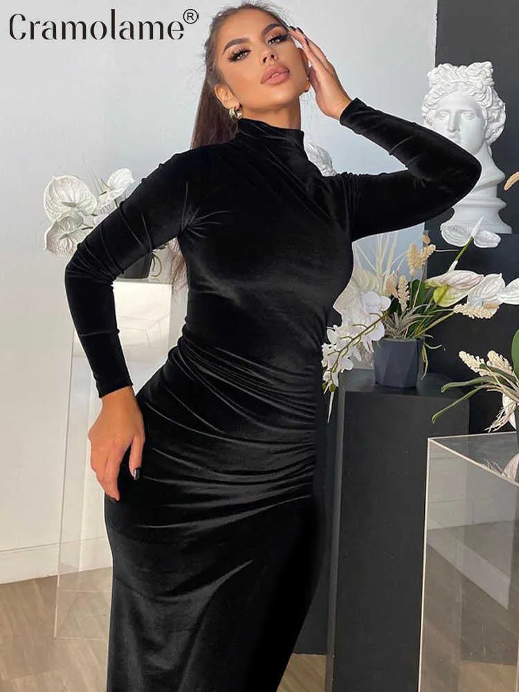 Casual jurken Lange mouw Elegante zwarte fluwelen bodycon maxi jurk vrouwen ruches feestavond lange jurken 2022 herfst winter vrouwelijke kleding z0216