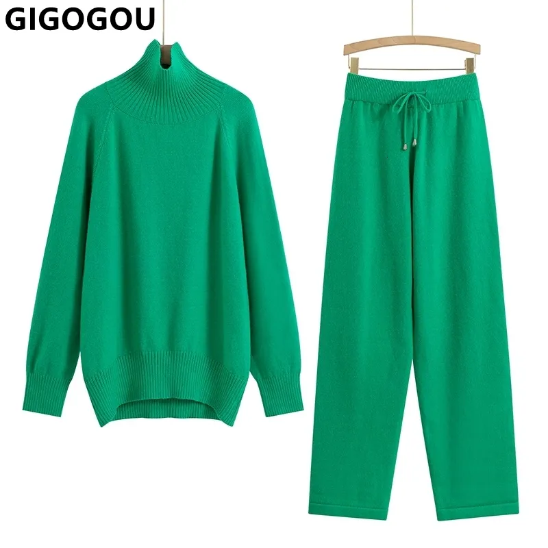 Dwuczęściowe spodnie damskie Gigogou Dwuczęściowy kaszmirowy jesienna zima kobiety Turtleeck wełniane garnitury Sweter mody mody dzianin luźne spodnie dresy drożdżowe Lady ciepły zestaw 230303