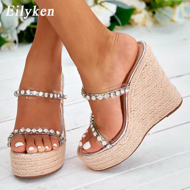 Sandália 2023 New Crystal Platform Wedges Slippers Summer Peep Toe Toe Woman Sexy Super High Mules Sandals feminina 230302