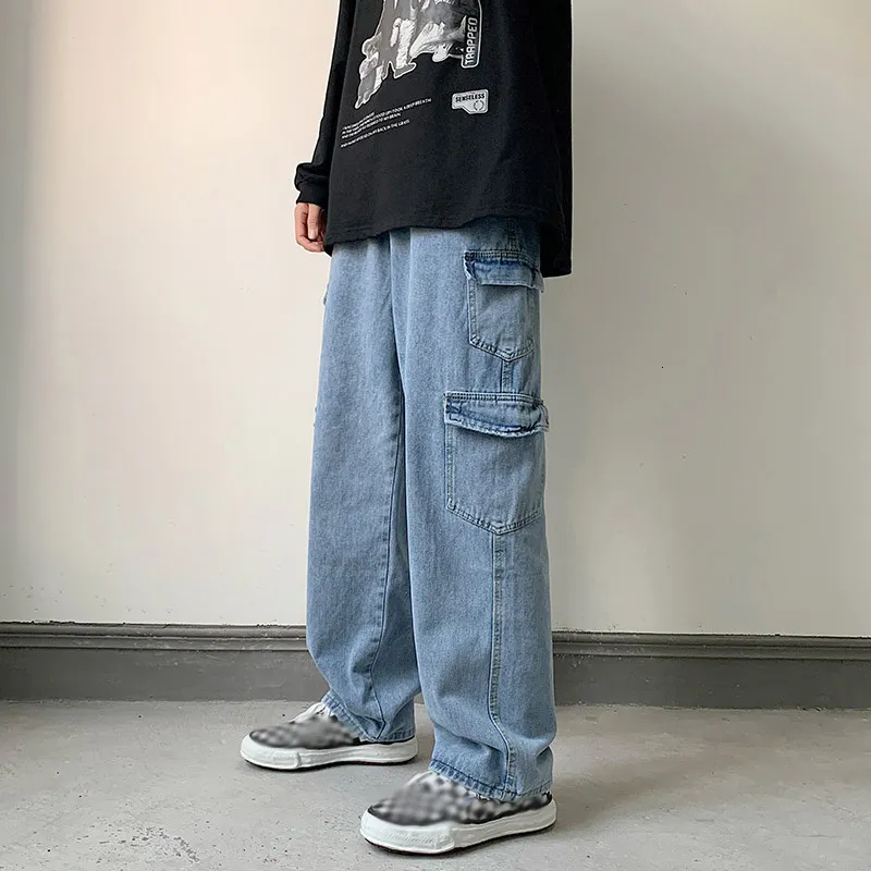 Men's Jeans Baggy Men Straight Cargo Pants Spring Autumn Fashion Vintage Blue Denim Trousers Casual Oversized Bottoms Male Y2K Clothes 230306