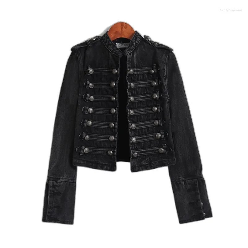Retro Military Style Black Denim Jacket: Women's Slim Fit, Double-Breasted,  Stand Collar, Short Denim Outerwear