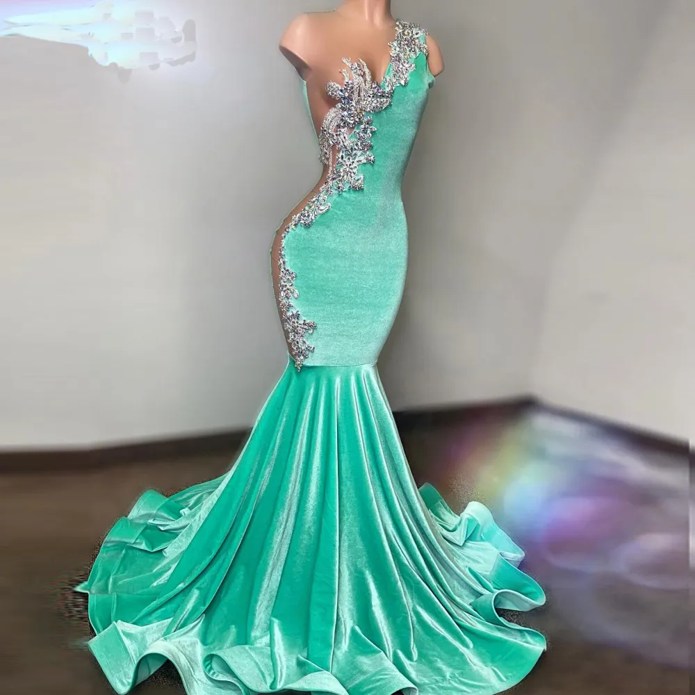 Mint Green Crystal Beaded Velvet Mermaid Green Mermaid Prom Dress For