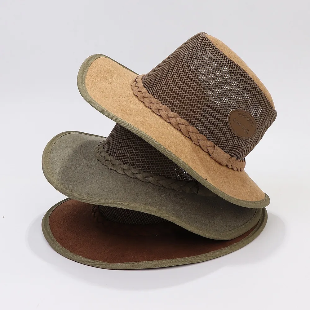 Breda randen hattar hink hattar sommar man cowboy hattar casual stil mocka andningsbar mesh märkning dekoration stor randen solskade utomhus resor coola mössor 230306