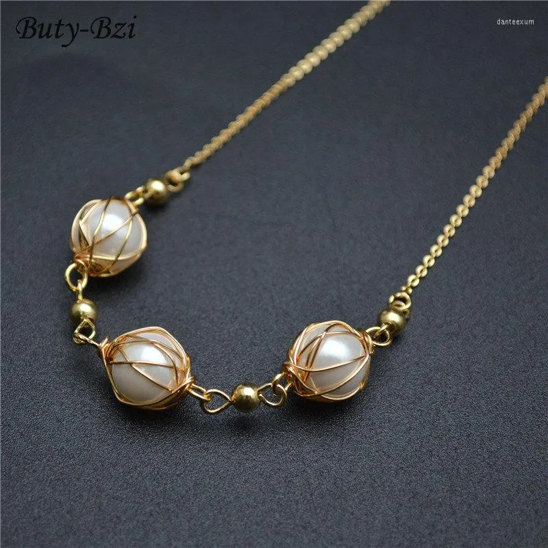 Pendant Necklaces Handmade Golden Winding Natural Shell Imitation Pearl Round Beads Thin Chain Necklace Woman Elegant Accessories