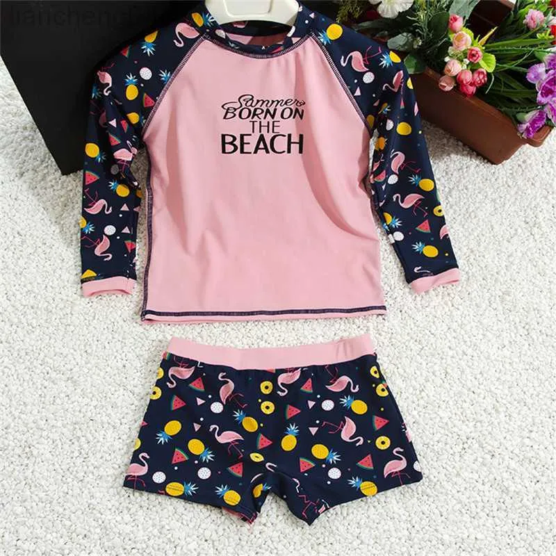 Endelar Yinfenging New Kids Girls Long Sleeve Print Two Piece badkläder baddräkt Holiday Swims Barn Simning Beachwear 2023 W0310