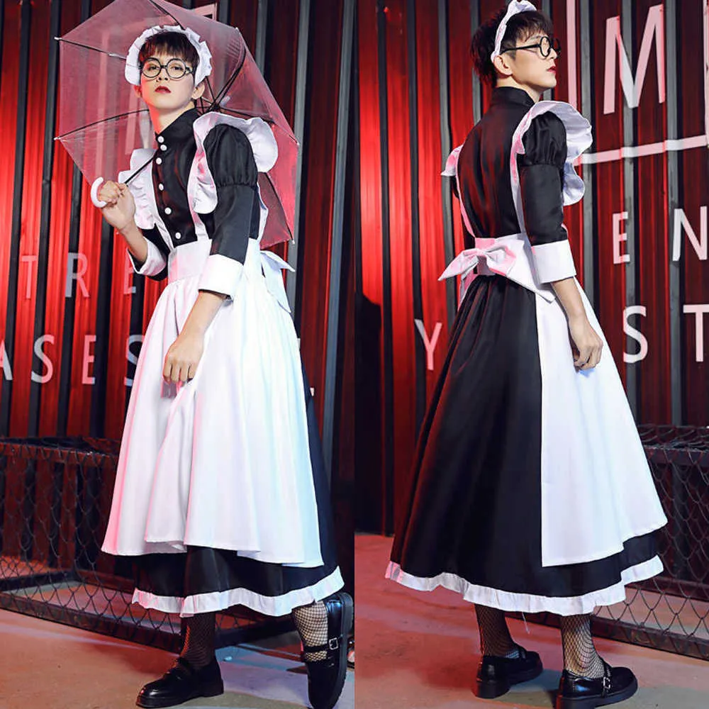 Anime Costumes 2021 Men's Women's Maid Dress Anime Cosplay French Restaurant Long Style Maid Come Apron Dresses Black White Long kjol Z0301