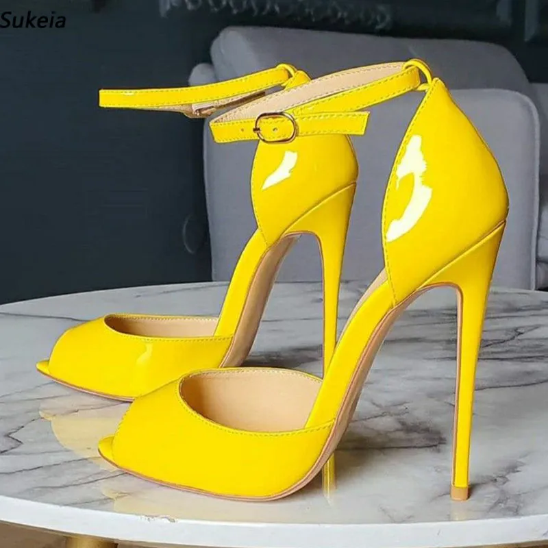 Sukeia Women Sandals Ankle Strap Sexy Stiletto Heeled Round Toe Pretty Yellow Concise Shoes Ladies Plus US Size 5-20