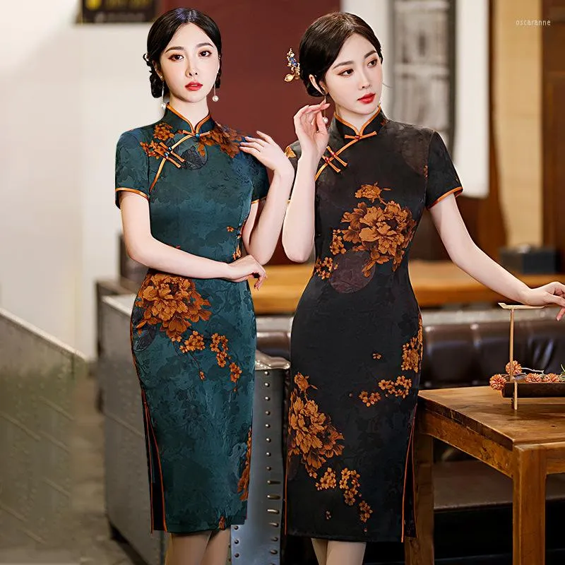 Roupas étnicas elegantes tradicionais de colarinho de mandarim até o joelho qipao de manga curta Cheongsam Retro Chinese Mulher Dress