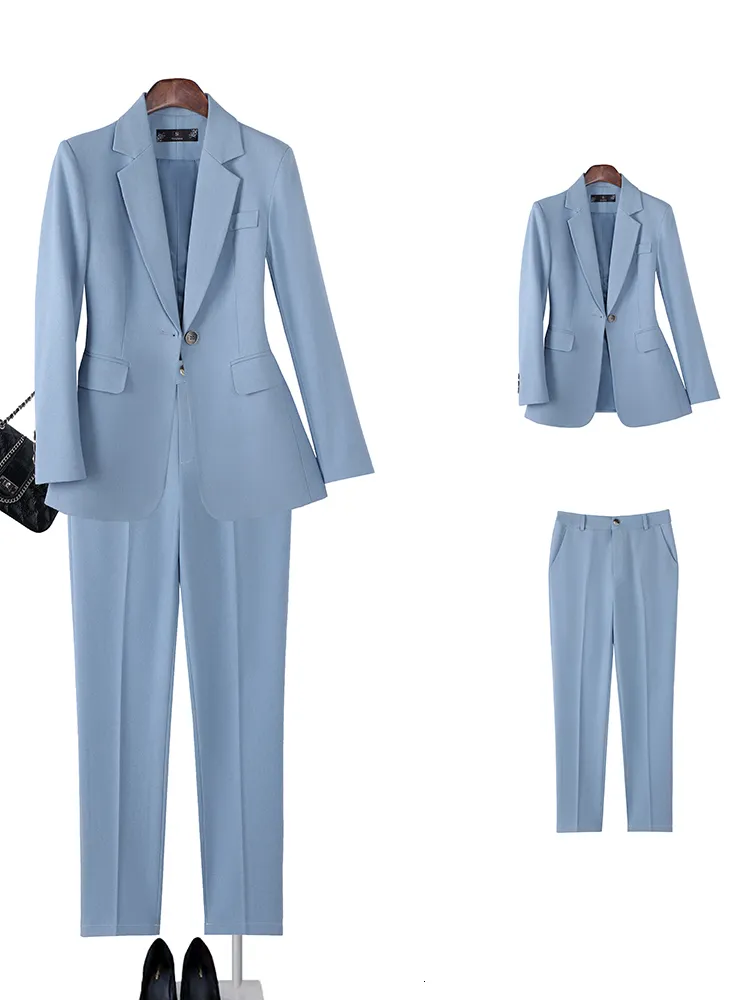 Women's Suits Blazers Office Ladies Pant Suit Formal Women Business Work Wear Blazer And Trouser Blue Yellow Apricot Slim Solid 2 Piece Set 230306