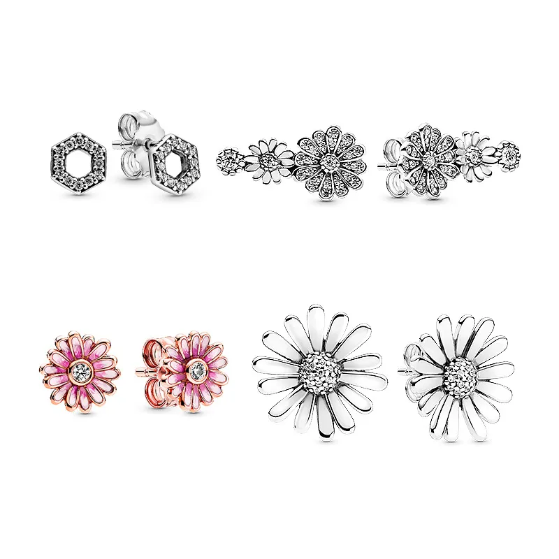 925 Silver Fit Pandora örhängen Crystal Fashion Women smycken gåva Ear Studs Pave Flower Stating Stud Stud