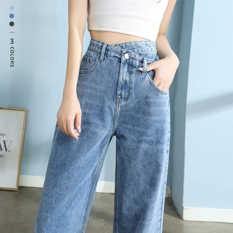 Women's Jeans High Quality Cotton Jeans Women Wide Leg Denim Pants Femme Black Blue Streetwear Baggy Straight Design Waist Trousers Woman XXL 230306