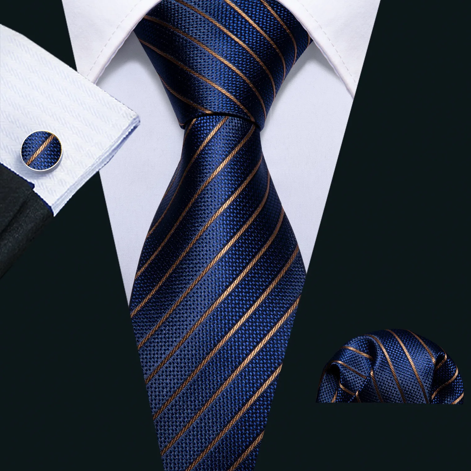 Bow Ties Men Tie Złoty granatowy w paski 100% jedwabny krawat barry