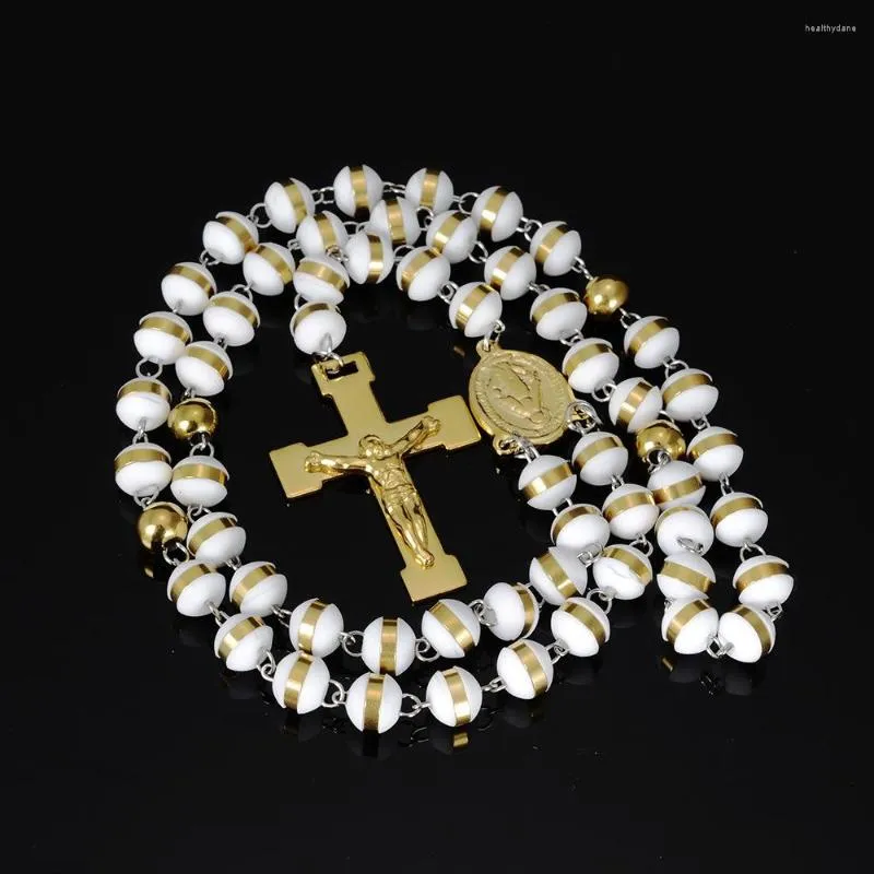 Kedjor Klassiska pärlor Cross Halsband Högkvalitativ Golden Openwork Halsband Be Rosary Pendant Katolikisme smycken