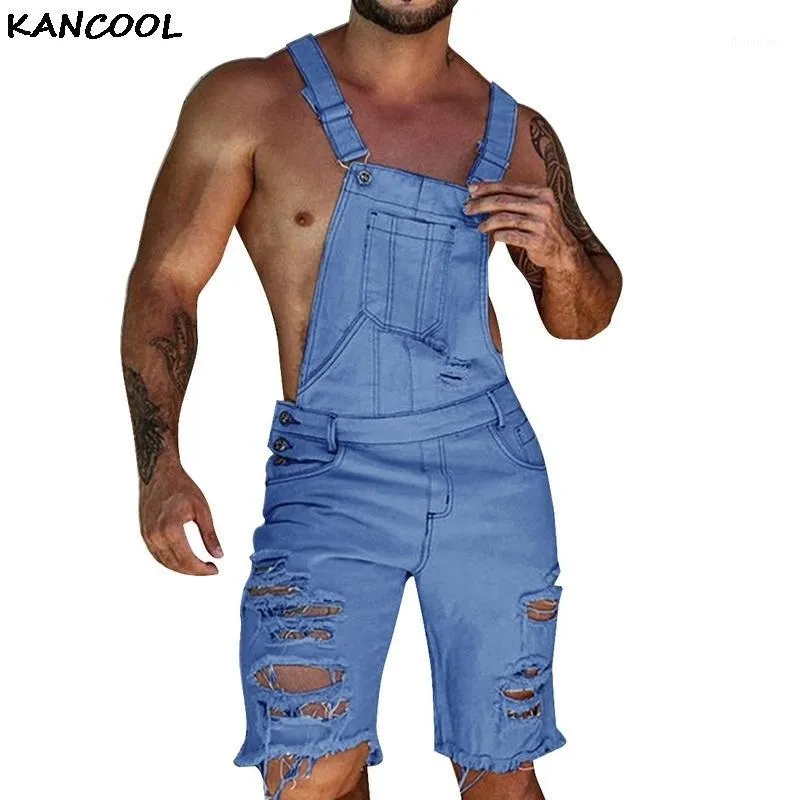 Mäns jeans kancool demin jumpsuit byxor mode rippade streetwears nödställda denim bib overall manlig suspender