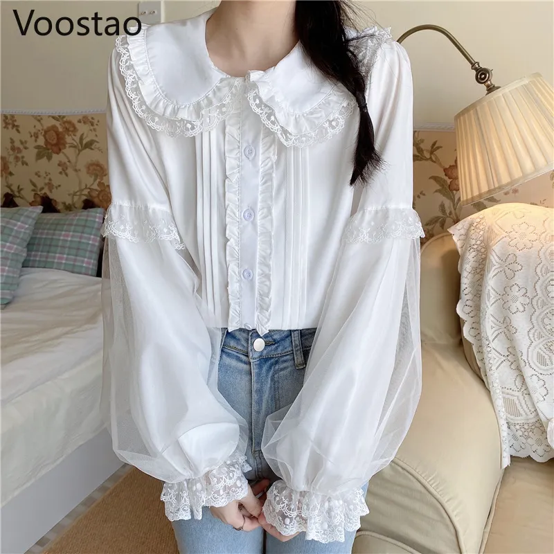 Women's Blouses Shirts Japanese Sweet Lolita Style Blouses Girls Cute Lace Ruffles White JK Shirts Women Preppy Chic Kawaii Long Sleeve Blusas Mujer 230306