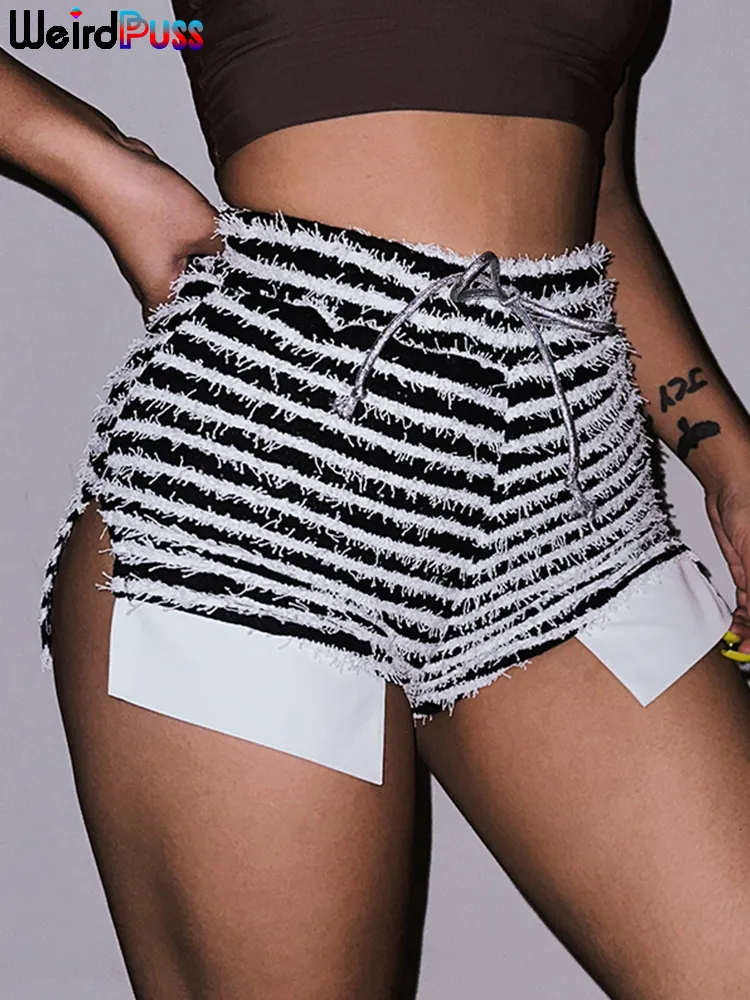 Kvinnors shorts konstiga puss hårig sida delad kort zebra tryck mager spets upp 2023 mode vilda casual streetwear elastic mini botts 230306