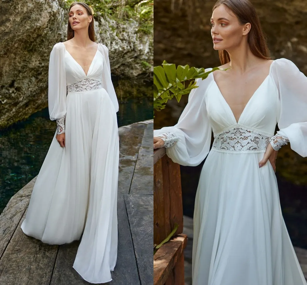 Casual trouwjurk voor vrouwen 2023 Bruid A-lijn lange mouw V-hals backlees Chiffon Lace Boho Bridal Jurken Civil Robe de Mariee