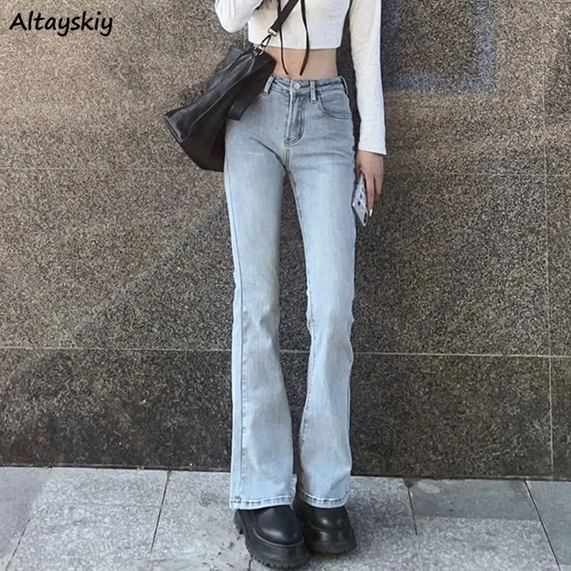 Kvinnors jeans flare jeans kvinnor blekt koreansk stil chic smal trendig stretchig hipster retro elegant ulzzang college street full längd lady 230306