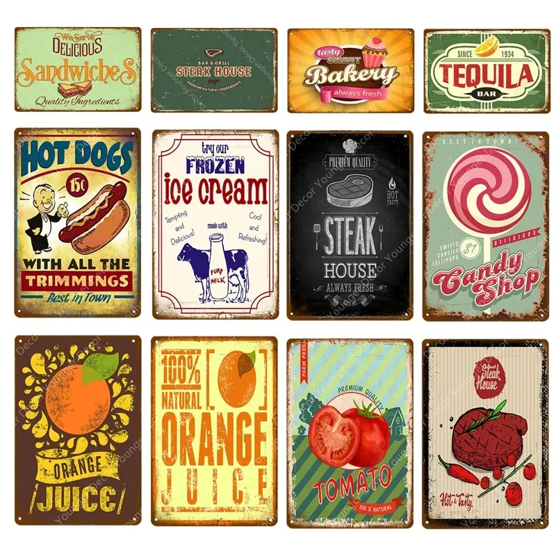 Retro pyszne jedzenie malowanie sztuki kanapki hot dogi piekarnia metalowe znaki stek house candy sklep plakat vintage ściany pub pub bar home dekoracje rozmiar 30x20 cm W02