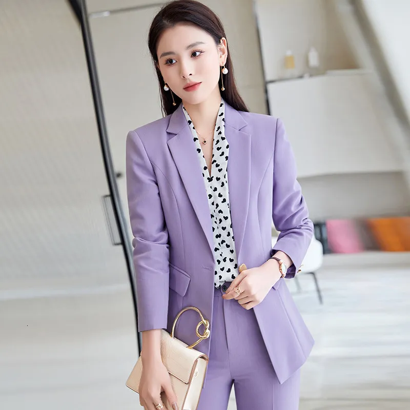 Women's Suits Blazers Elegant Purple Women Professional Business Suits with Pants and Jackets Coat Career Interview Pantsuits Blazers Trousers Set 230306