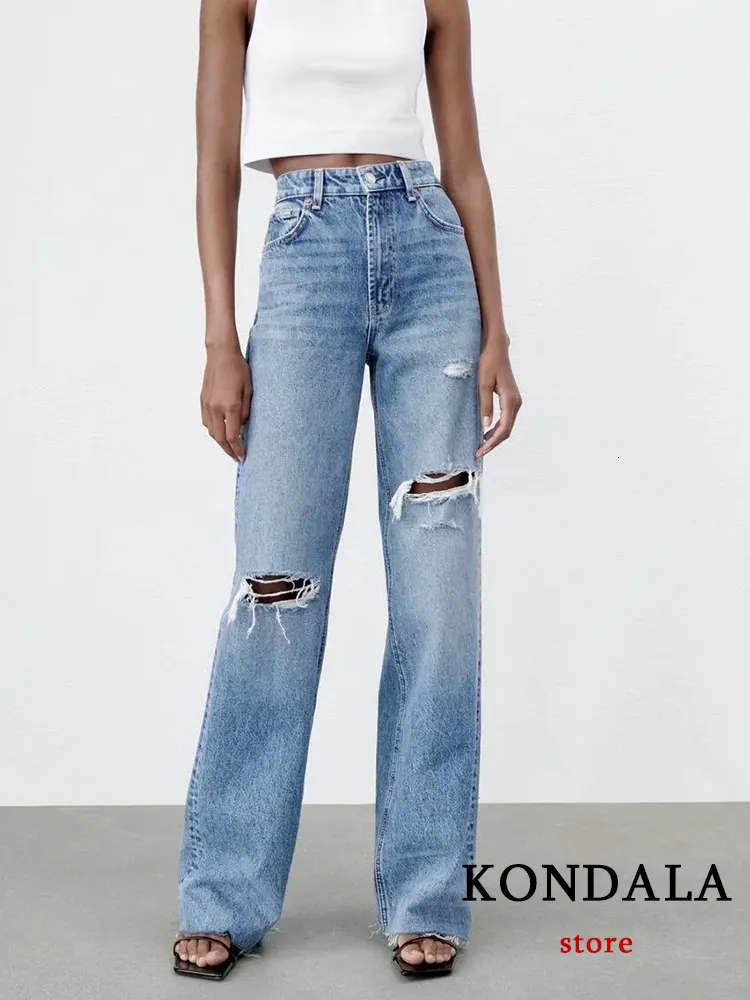 Women's Jeans KONDALA Women Casual Ripped Holes Denim Jeans Fashion High Waist Button Streetwear Long Pants Female Vintage Trousers 230306