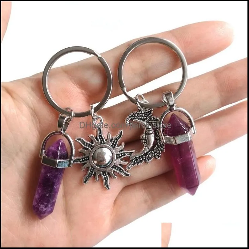 Keychains Lanyards Alloy Sun Moon Charms Keychain Natural Stone Hexagonal Column Couple Keyrings Women Rose Quartz Key Chains Trin Dhdsq