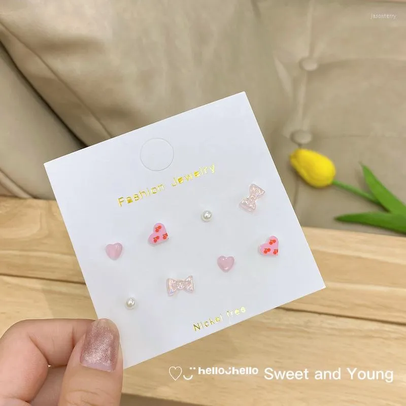 Stud Earrings S925 Silver Needle Pink Color Series Set Creative Cherry Heart Bowknot For Women Girls Fashion Jewelry