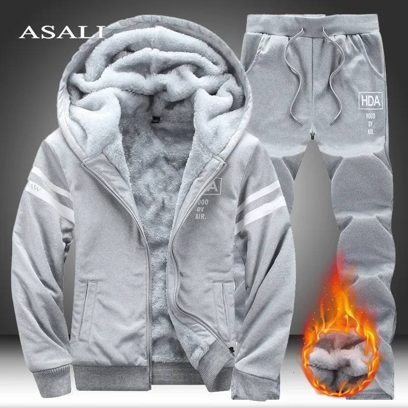 Men's 2-Piece Fleece Tracksuit Set with Warm Fur Lining: Hooded Sweatshirt  and Thickened Jacket Pant for Winter Comfort