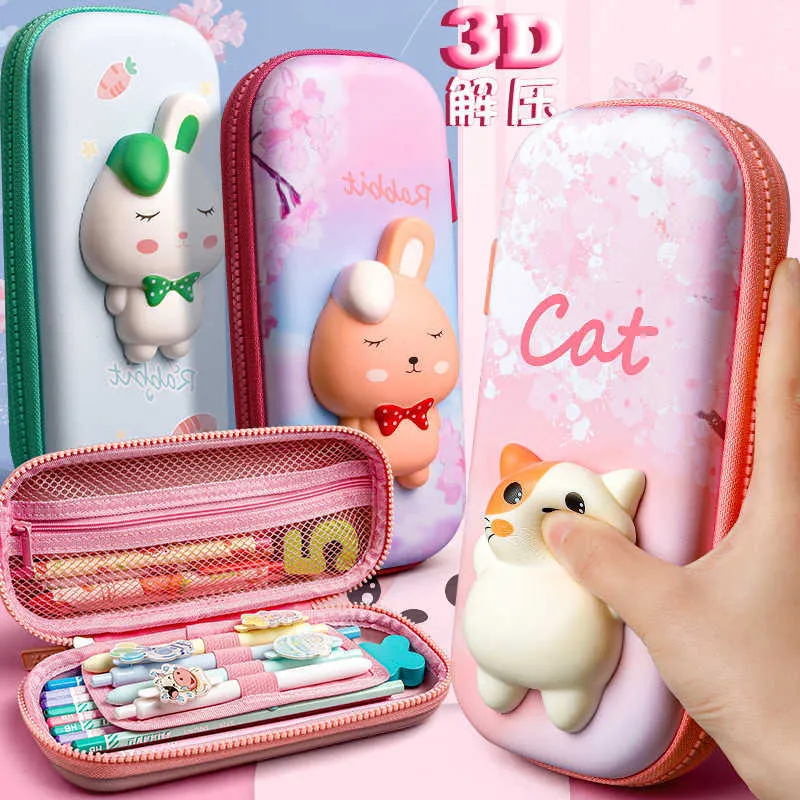 Sacs à crayons Adorable trousse à crayons 3D, organisateur de papeterie, fournitures scolaires pour filles, porte-stylo rose EVA, sac à gomme Kawaii, chat Squishy J230306