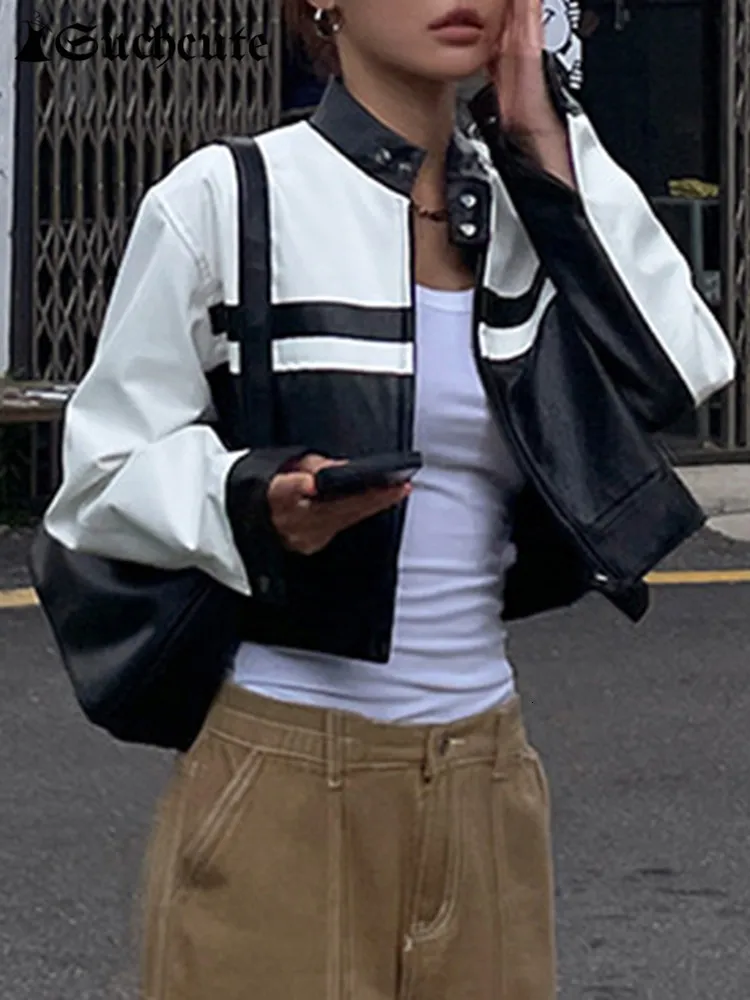 韓国通りなどの女性用ジャケットコントラストブラックホワイトプリントレザーオートバイoネックPUコートジップアップモトバイカー女性トップ230306