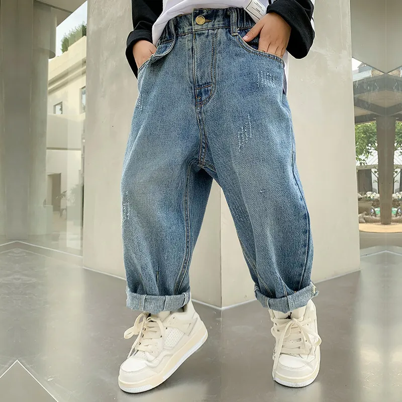 Jeans Jeans pour Garçons Printemps Bleu Mode All-Match Jeunes Enfants Pantalons Décontractés Hiver Polaire Épais Enfants Pantalon 10 12 13 Ans 230306