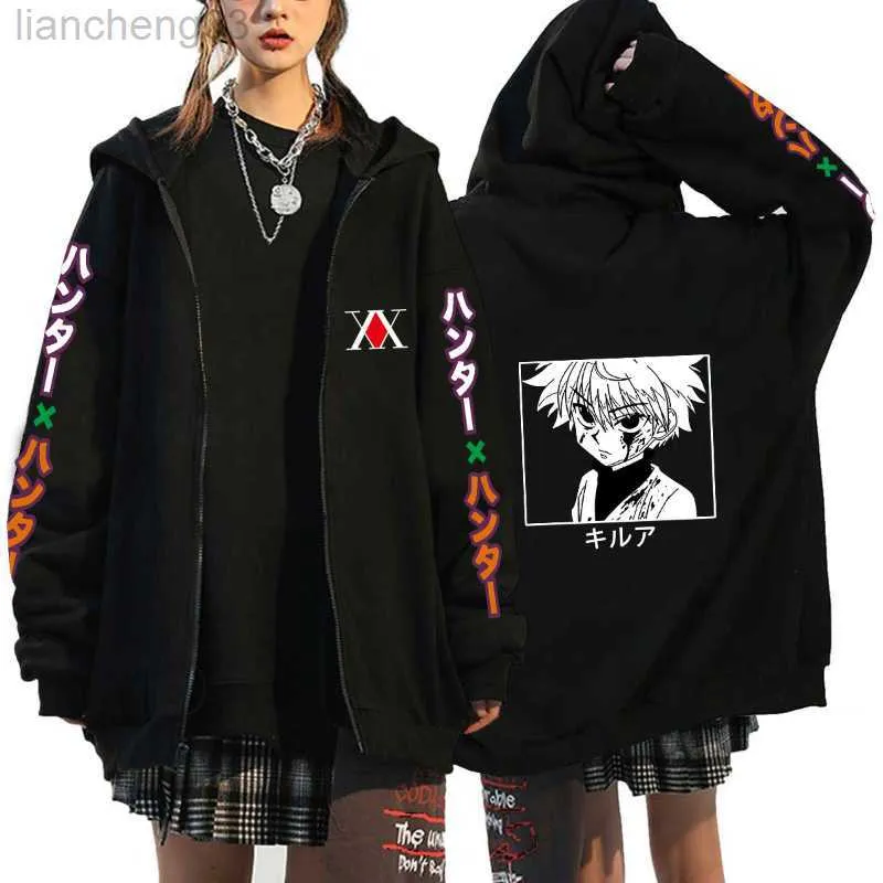 Women's Hoodies Sweatshirts Anime Zip Hoodie Hunter X Hunter Killua Zoldyck Zip Up Hoodies Streetwear Oversize Jackets Coats Zipper Hooded Sweatshirts W0306