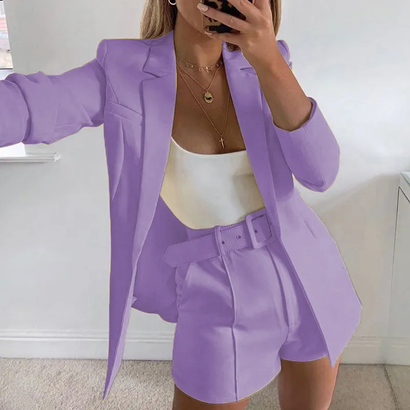Women's Blazer Suits Two Pieces Business Sets Long Sleeve Belted