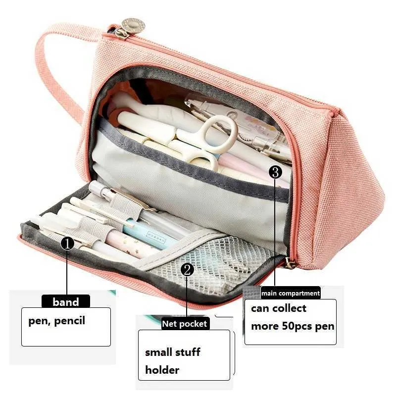 3 Compartments Pencil Pouch Large Capacity Storage Bag Stationery