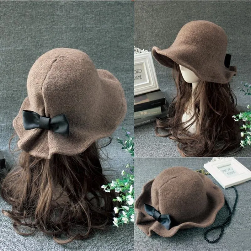 Geniş Memlu Şapkalar Kova Şapkaları Vintage Yün Kova Şapkaları bayanlar Bowler Hat Moda Bows Havza Şapkası Balıkçı Şapkası Kadın Kış Siyah Kahve Koyu Deve Şapkası 230306