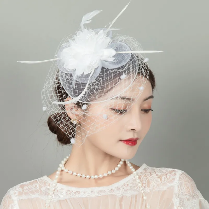 Stingy Brim Hats Vintage Bride Feather Headdress Veil Hair Accessories Mesh Hat Hairpin Studio Wedding Dress Accessories Korea Japan Black White 230306