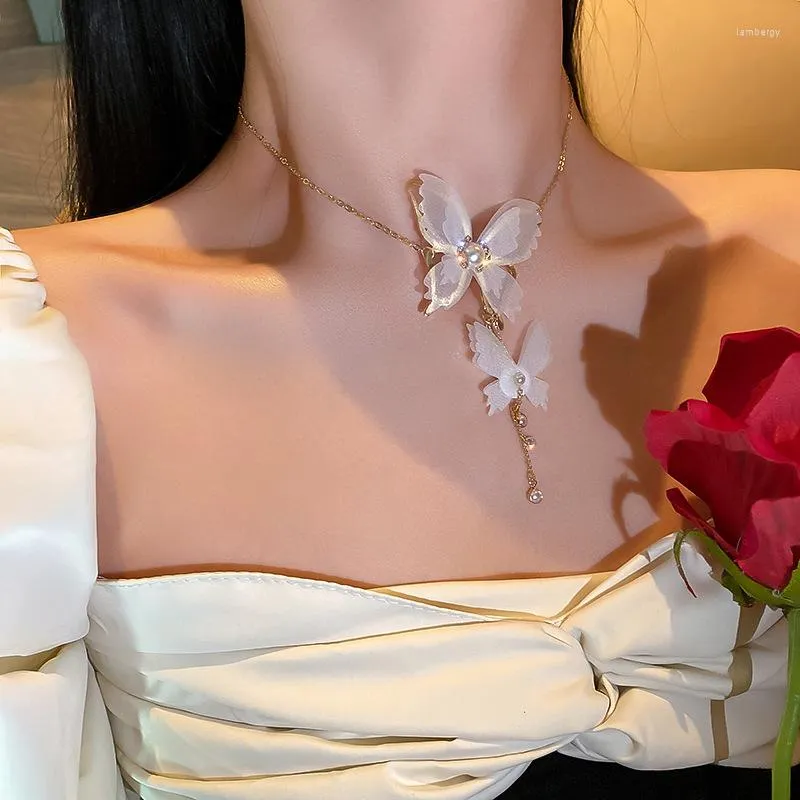 Collana girocollo con farfalla in pizzo moda per donna, ciondolo con perla e diamanti, catene da donna, accessori per gioielli