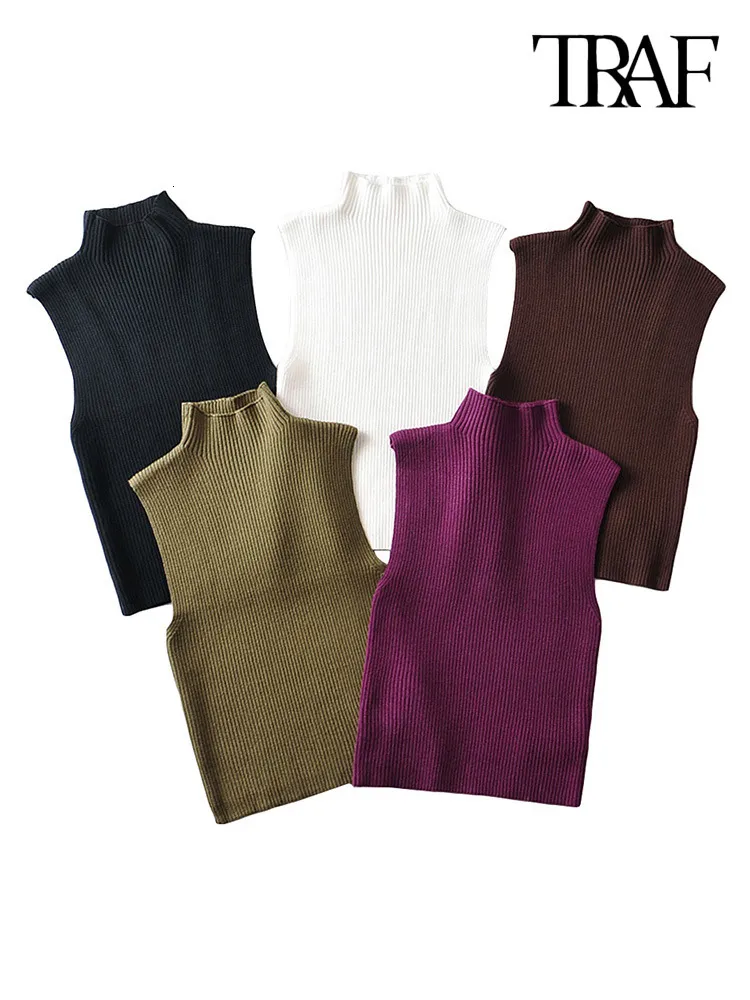 Kvinnors tankar camis traf kvinnor mode monterade grundläggande ribbade stickade tank tops vintage hög hals ärmlös kvinnlig camis chic väst topp mujer 230306